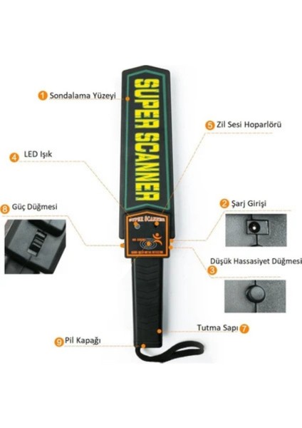 Süper Ultra Scanner El Tipi Metal Üst Arama Dedektörü(Güvenlik Havaalanı Okul ) 9VOLT modelleri