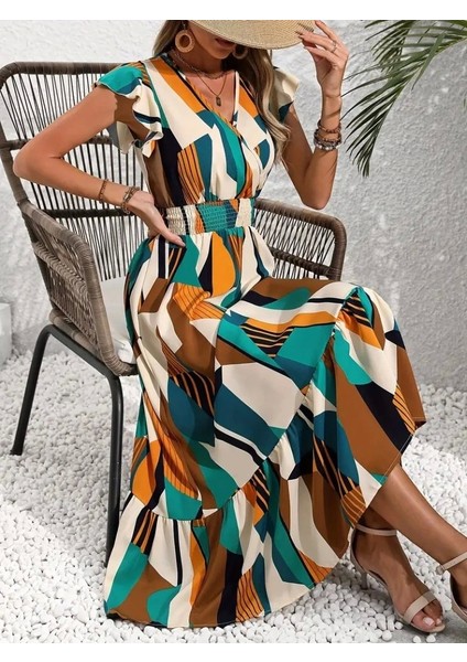 Kadın Kısa Kollu Kruvaze Yakalı Beli Lastikli Desenli Maksi Boy Süprem Elbise