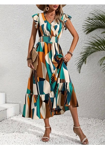 Kadın Kısa Kollu Kruvaze Yakalı Beli Lastikli Desenli Maksi Boy Süprem Elbise indirimleri