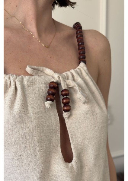 Omuzu Boncuklu Keten Elbise- Taş fiyatları