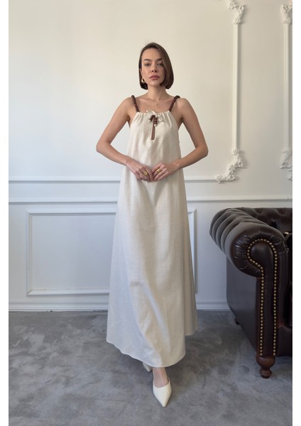 Omuzu Boncuklu Keten Elbise- Taş fırsatları