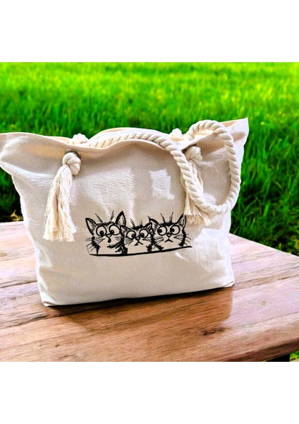 Meraklı Kedi Nakışlı Bez Çanta