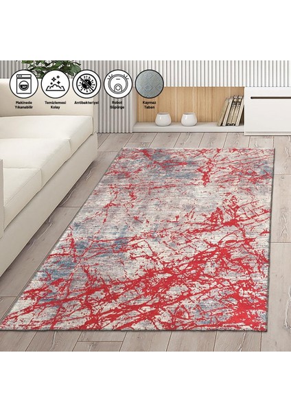 Modern Abstrak Çizgi Karma Desenli Salon Oda Mutfak Halısı Kırmızı Halı Kaymaz Yıkanabilir