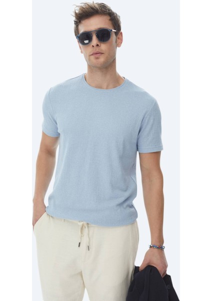 Mavi Jakarlı Bisiklet Yaka Pamuk Karışımlı T-Shirt fırsatları