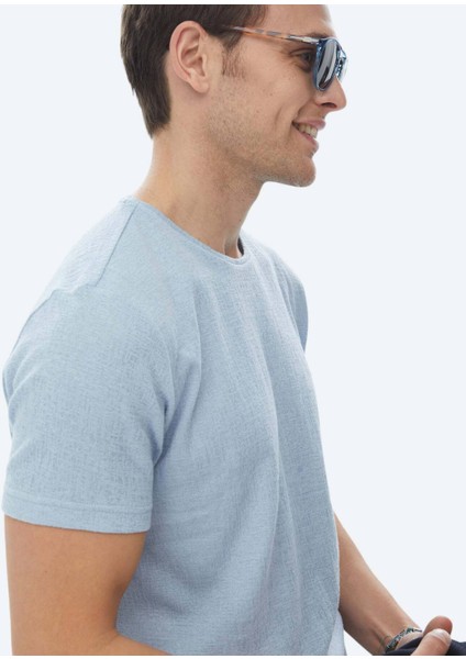 Mavi Jakarlı Bisiklet Yaka Pamuk Karışımlı T-Shirt indirimleri
