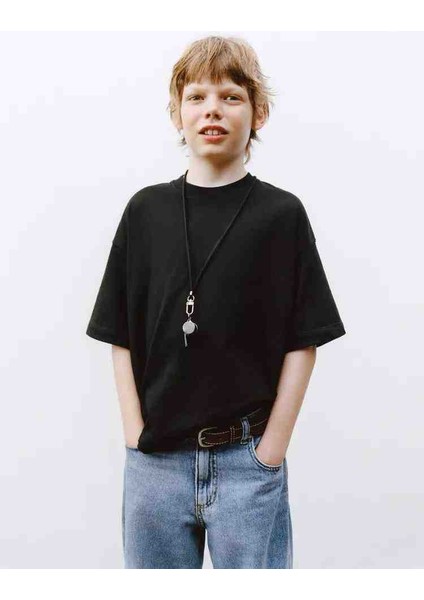 Siyah Unisex Oversize Çocuk Basic Pamuklu Tshirt