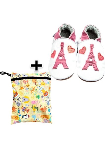 Ikili Set, Yorni Çanta 30X36CM, Summer ve 3-4 Yaş Bebek Eiffle Tower White El Yapımı Hakiki Deriden Patik