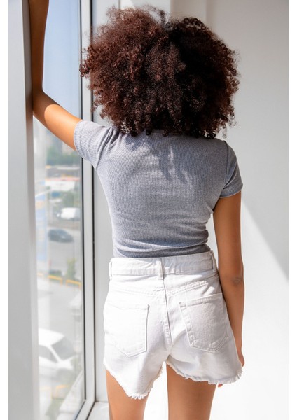 Kadın Fitilli Bisiklet Yaka Basic Crop T-Shirt fiyatları