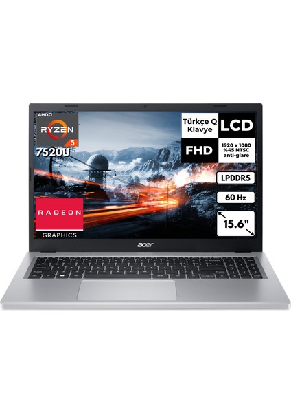 Aspire 3 A315-24P-R42L Ryzen 5-7520U 8 GB 4 Tbssd 15.6" Fhd Freedos Notebook NX.KDEEY.00E Bt4