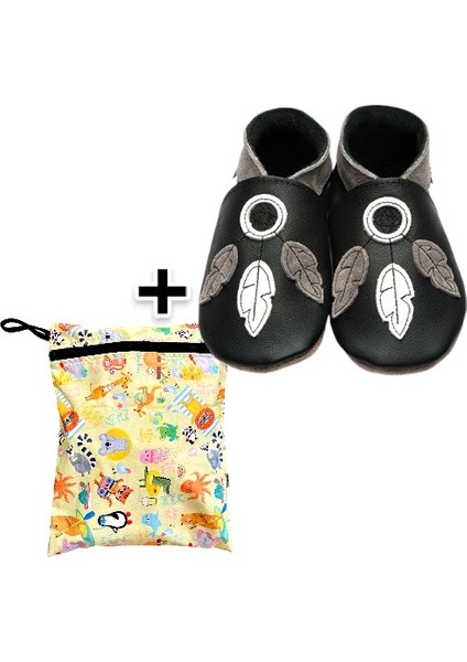 Ikili Set, Yorni Çanta 30X36CM, Summer ve 4-5 Yaş Bebek Dream Catcher Black El Yapımı Hakiki Deriden Patik