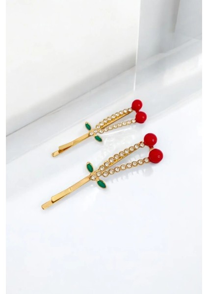 Kiraz Figürlü Gold Metal Toka Seti ( Ikili Paket) - Kirazlı Tel Toka Seti