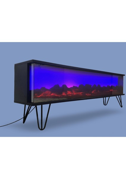 Tv Sehpası Full Şömineli Kumandalı Bluetooth Stereo Ses 6 Modlu Ünite Mdf Metal Ayak