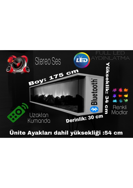 Tv Sehpası Full Şömineli Kumandalı Bluetooth Stereo Ses 6 Modlu Ünite Mdf Metal Ayak indirimleri