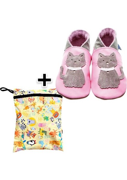Ikili Set, Yorni Çanta 30x36CM, Summer ve 5-6 Yaş Bebek Meeow Baby Pink El Yapımı Hakiki Deriden Patik