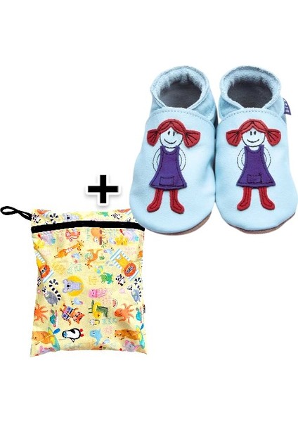 Ikili Set, Yorni Çanta 30x36CM, Summer ve 5-6 Yaş Bebek Matilda Baby Blue El Yapımı Hakiki Deriden Patik