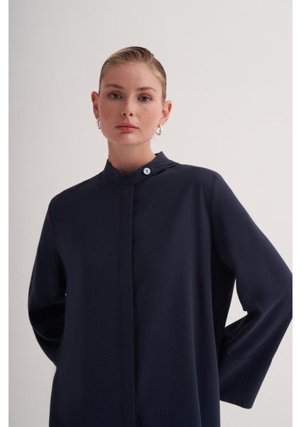 Lacivert Rahat Kalıp Geniş Kollu Fular Yaka Gömlek modelleri