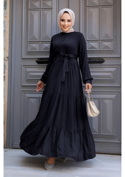 Kat Piliseli Lacivert Tesettür Elbise 22042L