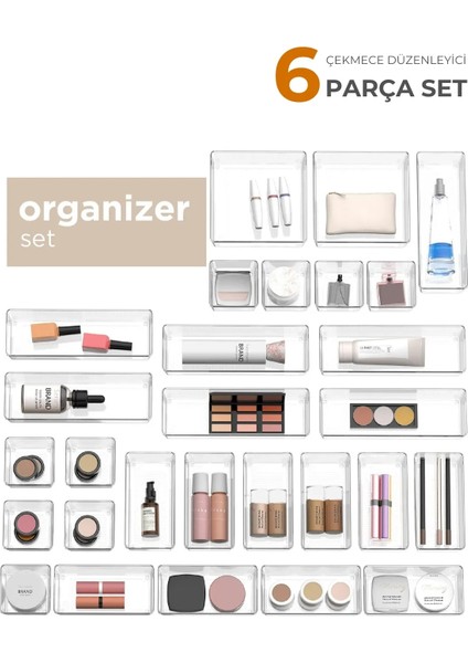 Ayarlanabilir Çekmece Içi Düzenleyici Set 6 Parça Takı Düzenleyici ve Makyaj Organizeri modelleri