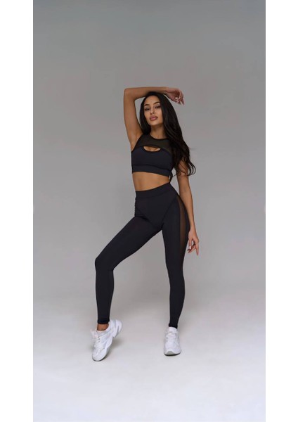 Dalgıç Kumaş Spor Tayt-Crop Tül Detaylı Ikili Takım