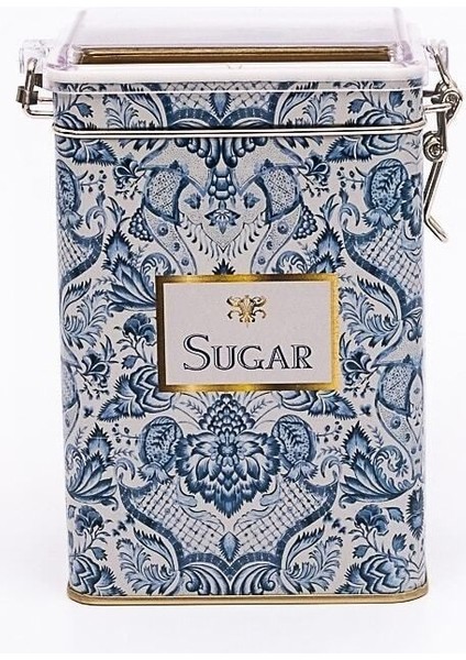 Lisbon Sugar Desenli Şeffaf Kapaklı Metal Saklama Kabı, 7,5 x 10 x 15 Cm, 1 Lt