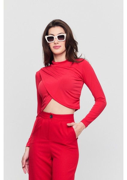 Kadın Kırmızı Verev Crop Bluz