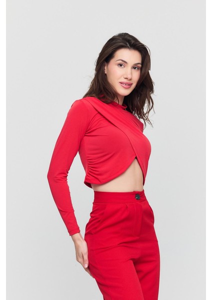 Kadın Kırmızı Verev Crop Bluz
