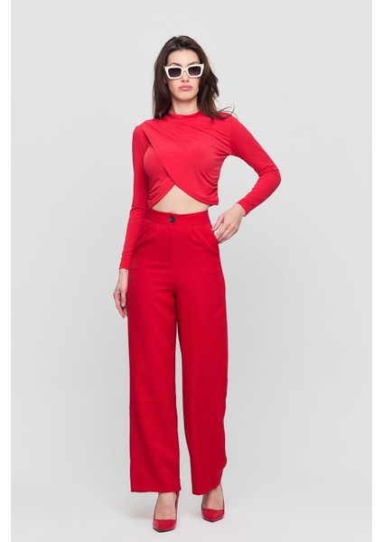Kadın Kırmızı Verev Crop Bluz