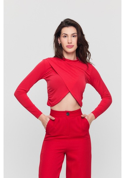 Kadın Kırmızı Verev Crop Bluz