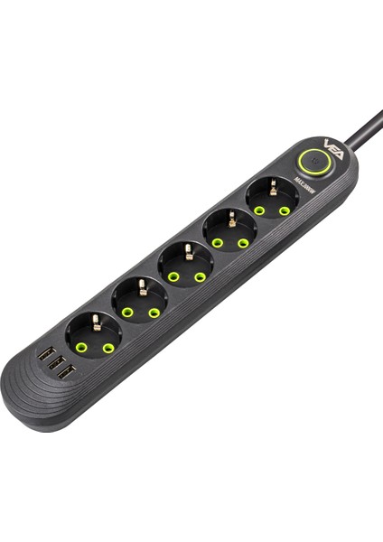 VA-21561 5li 1.5 Metre Kablolu 3 Usbli Siyah Akım Korumalı Priz
