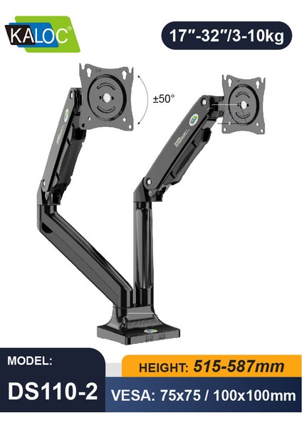 DS110-2 17"-32" LCD Aluminyum Monitör Tutucu Kol Amortisörlü Vesa Monitör Standı Max 10KG