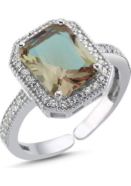 Özel Kutu ve Gümüş Bezi Ile Sultanit Zirkon Taşlı Emerald Kesim Ayarlanabilir Boylu Halo Yüzük