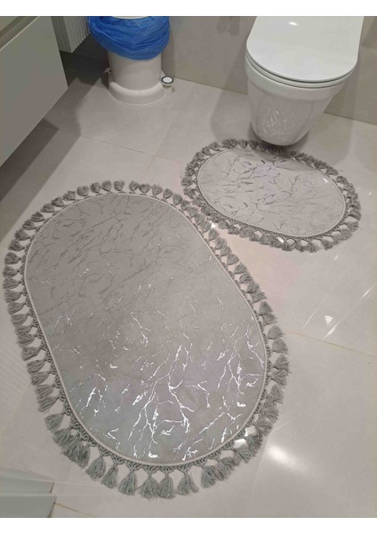 Varaklı bambu saçaklı gri 2 li Banyo paspası