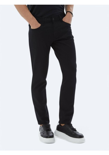Siyah Düz Dokuma Slim Fit Casual Pamuk Karışımlı Pantolon