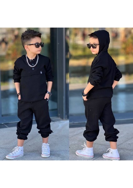 Erkek Çocuk Müslin Kumaş Kapüşonlu Alt-Üst Takım Siyah Renk SNM00