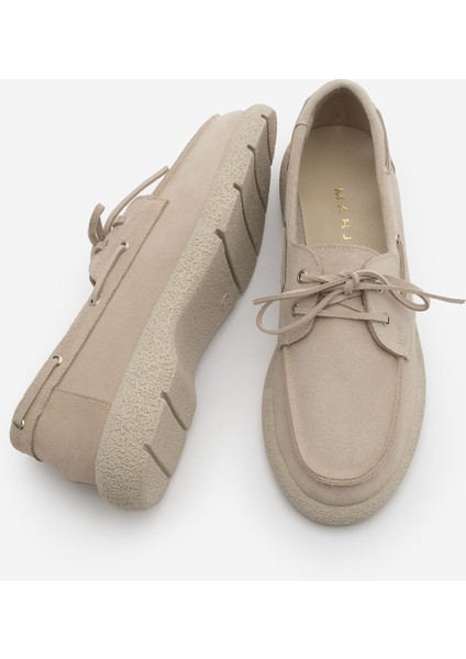 Kadın Hakiki Deri Bağlamalı Loafer Günlük Ayakkabı Enita Bej Süet
