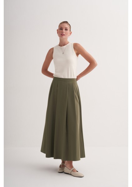 Haki Astarlı Geniş Pileli Uzun Etek modelleri