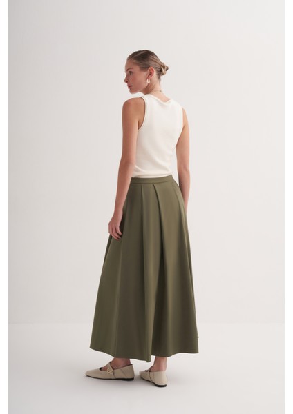 Haki Astarlı Geniş Pileli Uzun Etek fırsatları