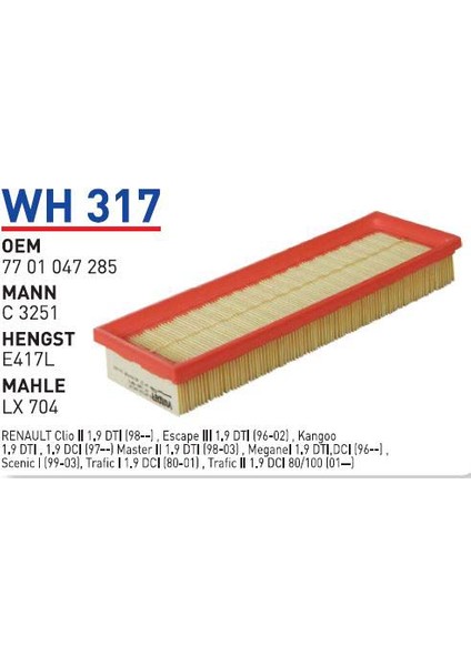 Wh317 Oem 7701047285 Renault megane 2000 trafic Oto hava filtre Automobile air filter