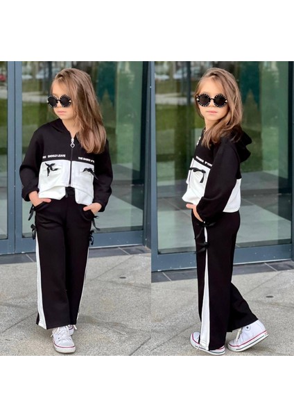 Kız Çocuk Kurdela Detaylı Fermuarlı Ispanyol Paça Modal Kumaş 2'li Alt-Üst Takım SNM009