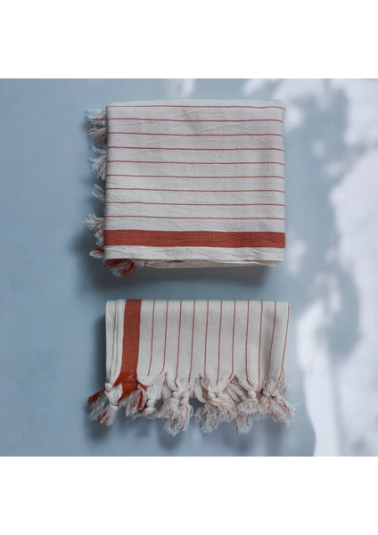 Turuncu Çizgili Peştemal ve Baş Havlusu Seti, Hamam Seti, Plaj Seti