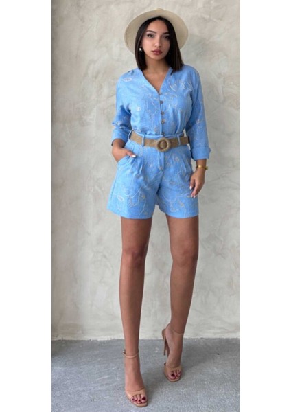 Çizgi Nakışlı Keten Karışımlı Uzun Kollu Gömlek