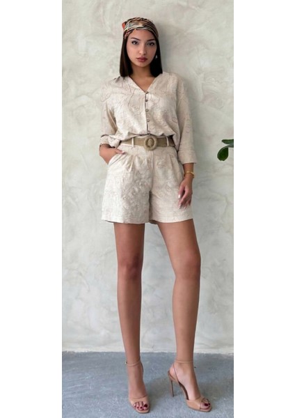 Çizgi Nakışlı Keten Karışımlı Uzun Kollu Gömlek