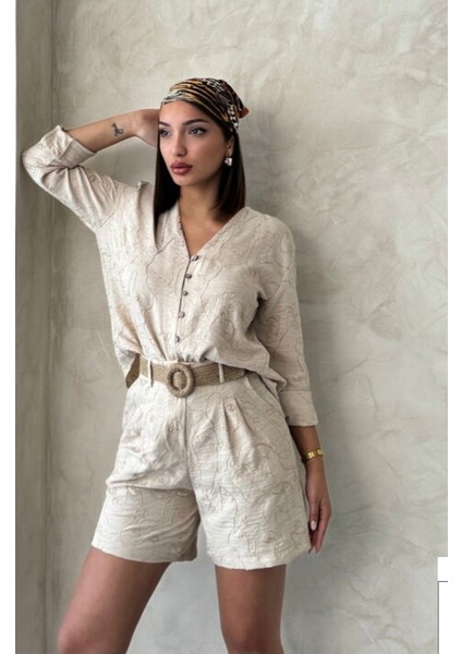 Çizgi Nakışlı Keten Karışımlı Uzun Kollu Gömlek modelleri