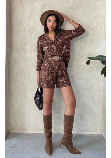 Çizgi Nakışlı Keten Karışımlı Uzun Kollu Gömlek