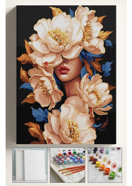 Sayılarla Boyama Çerçeveli Hobi Seti Numaralı Tuval Fırça Boya Dahil Kasnaklı 40X50 cm Çiçek Açan Kadın 1