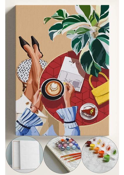 Sayılarla Boyama Çerçeveli Hobi Seti Numaralı Tuval Fırça Boya Dahil Kasnaklı 40X50 cm Kahve Içen Kadın