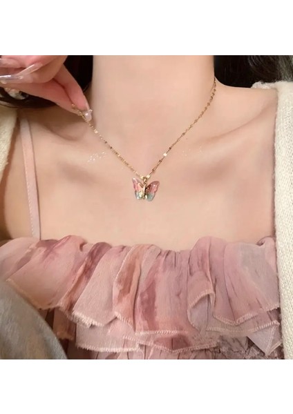 316L Çelik Gold Zirkon Taşlı Pembe Renk Kelebek Kolye fiyatları