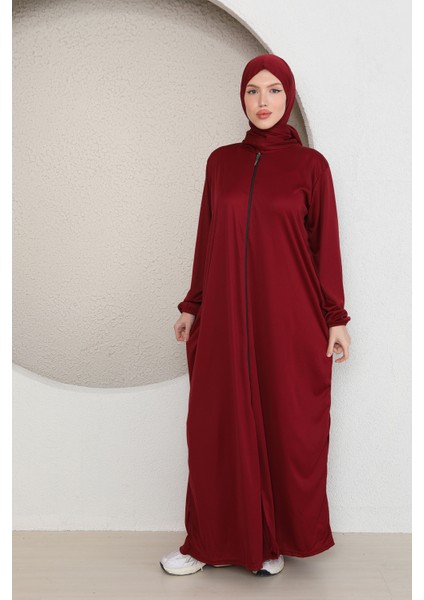 Tek Parça Başörtülü Düz Renk Kadın Namaz Elbisesi