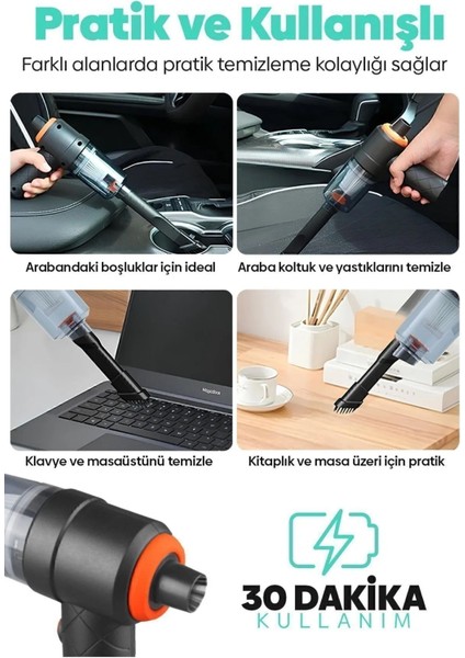 Mini Vakumlu Araç-Ev-Ofis Süpürgesi El Süpürgesi Şarjlı Çok Fonksiyonlu 3 Başlıklı Mini Süpürge