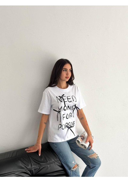 Need Money Baskılı Kurdele Detaylı Kısa Kollu T-Shirt